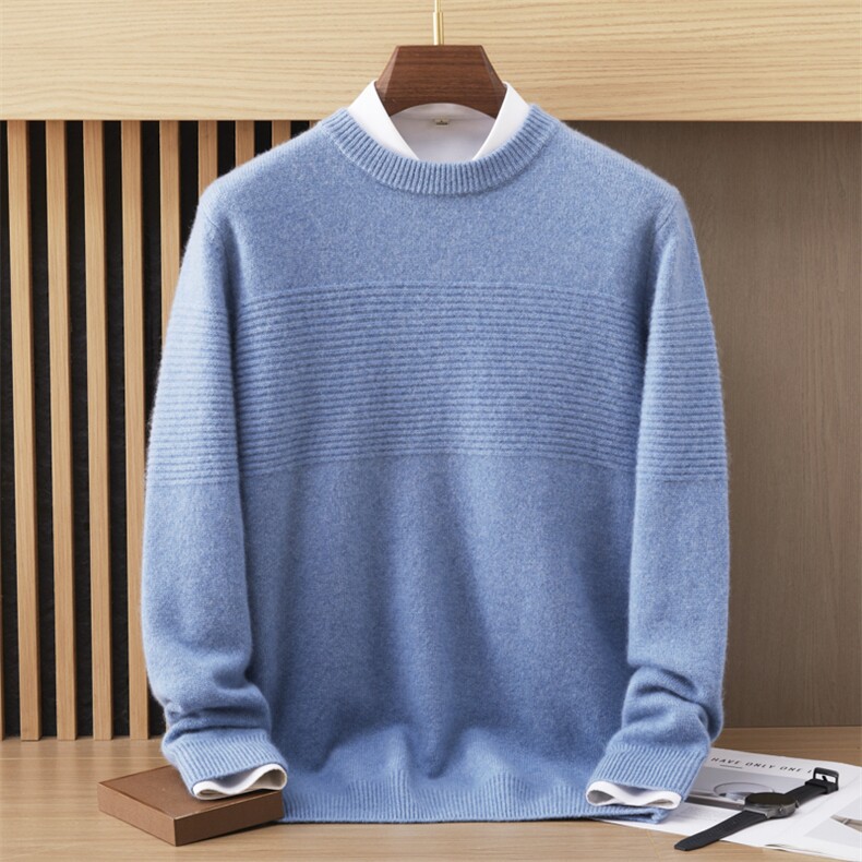 七针双股横道圆领羊绒衫时尚2024年秋季35%羊绒衫，男装羊绒套衫，戎美山
