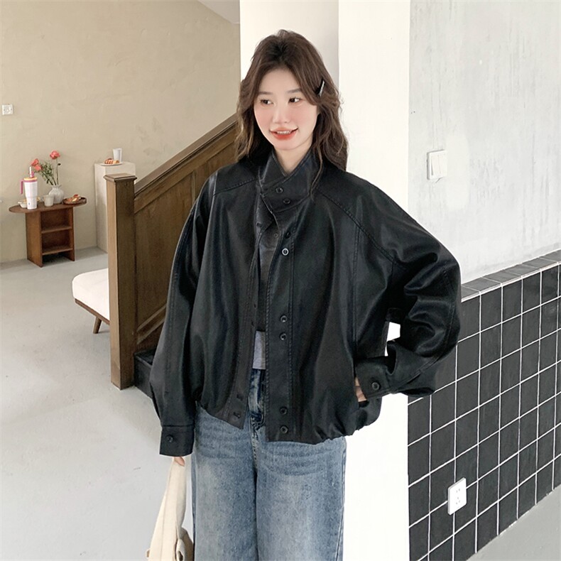 2025秋款现货韩版下摆收口黑色皮衣2C090-1820-P145-K218,女装皮衣,2C090