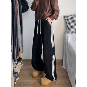 美式复古条纹男女款直筒宽松紧腰阔腿裤子潮牌拖地长裤ND773图片