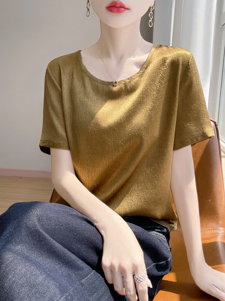 圆领新款针织女短袖纯色简约百搭宽松套头,针织衫/毛衣,绒宛羊绒