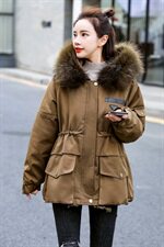 棉衣/棉服2021新款冬兔毛中长款工装带帽棉服女外套配毛领，女装派克服，瑶迪依秀