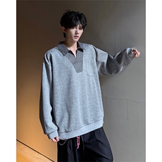 WY10153-特P48控88小众撞色面料拼接格子假两件大码男宽松卫衣，男装卫衣，电商A059