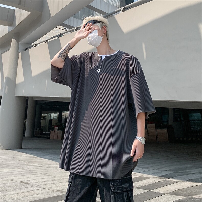 夏款男短袖T恤冰丝百褶皱小V领宽松T恤衫T029P35,男装T恤,星座1013-1