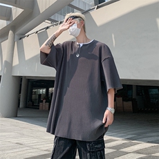 夏款男短袖T恤冰丝百褶皱小V领宽松T恤衫T029P35，男装T恤，星座1013-1