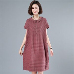 清仓捡漏专柜外贸剪标女文艺复古格子棉麻连衣裙宽松亚麻衬衫裙子图片