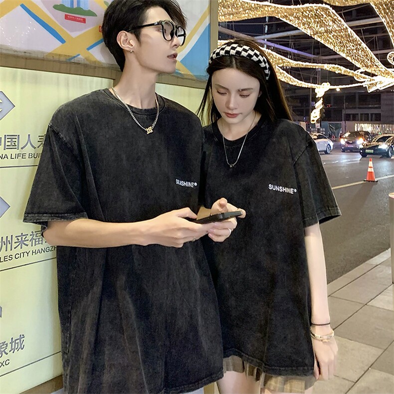 220克水洗做旧短袖T恤棉M-3XL情侣男女V1宽松圆领半袖潮团队,男装T恤,星座115A-3