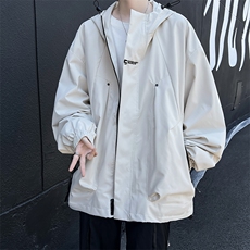 秋款男连帽夹克字母刺绣拉链口袋宽松冲锋衣魔术贴外套J237P55，男装夹克，星座1013-1