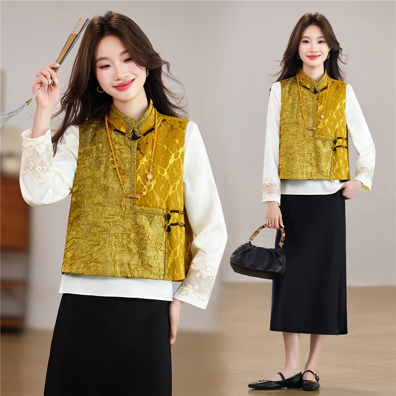 现货春季新款新中式洋气缎面拼接小立领马甲+刺绣缎面衬衫两件套，女装套装/套裙，央宝儿
