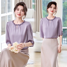 五分袖花边领重磅真丝上衣女2025夏装新款纯色气质小衫桑蚕丝衬衣，女装衬衫，阿舍尔精品