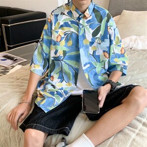 短袖衬衫春夏新款男港风潮流树叶衬衣C430P32图片
