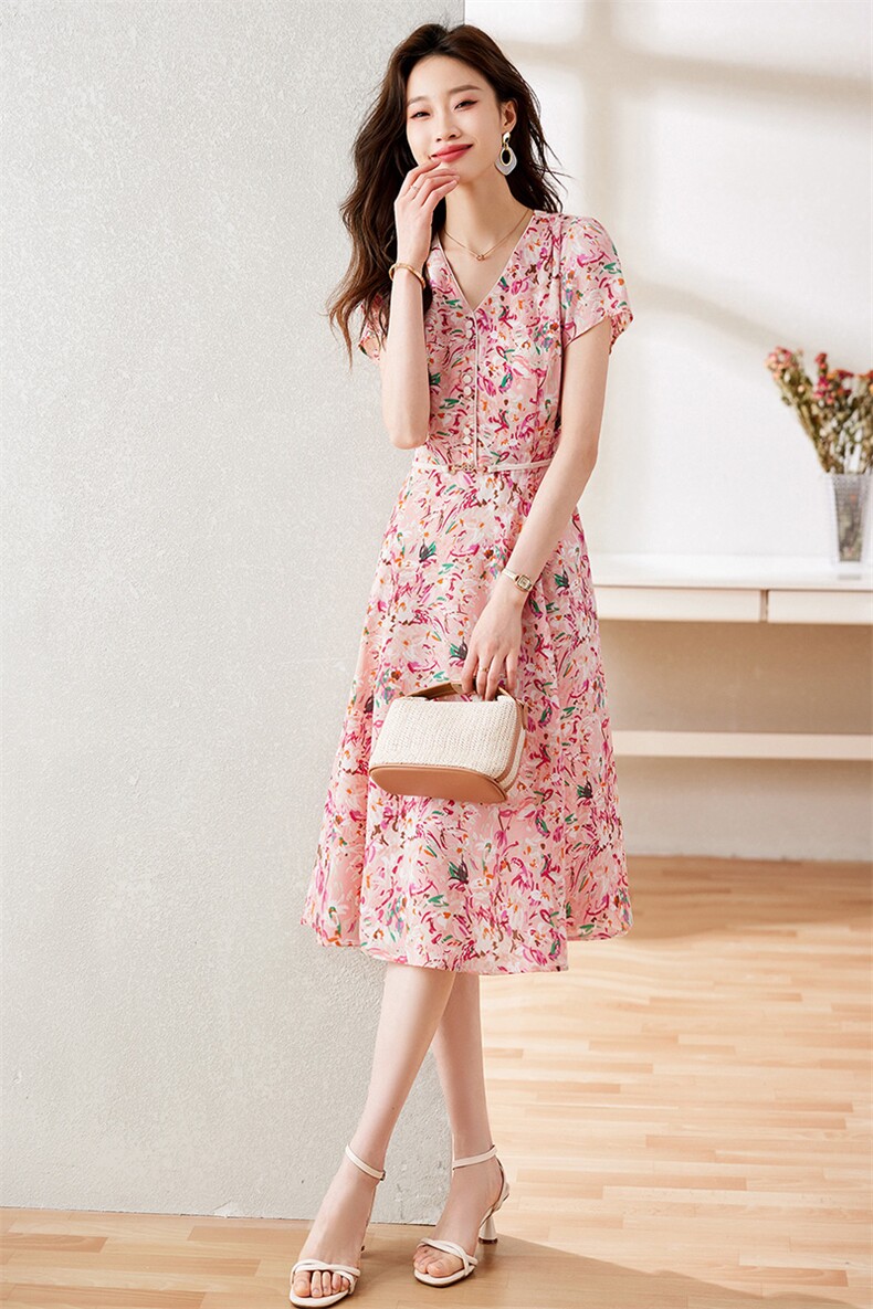 2023夏季新款V领甜美淑女小清新减龄连衣裙,女装连衣裙,岚衣(原川流布茜）