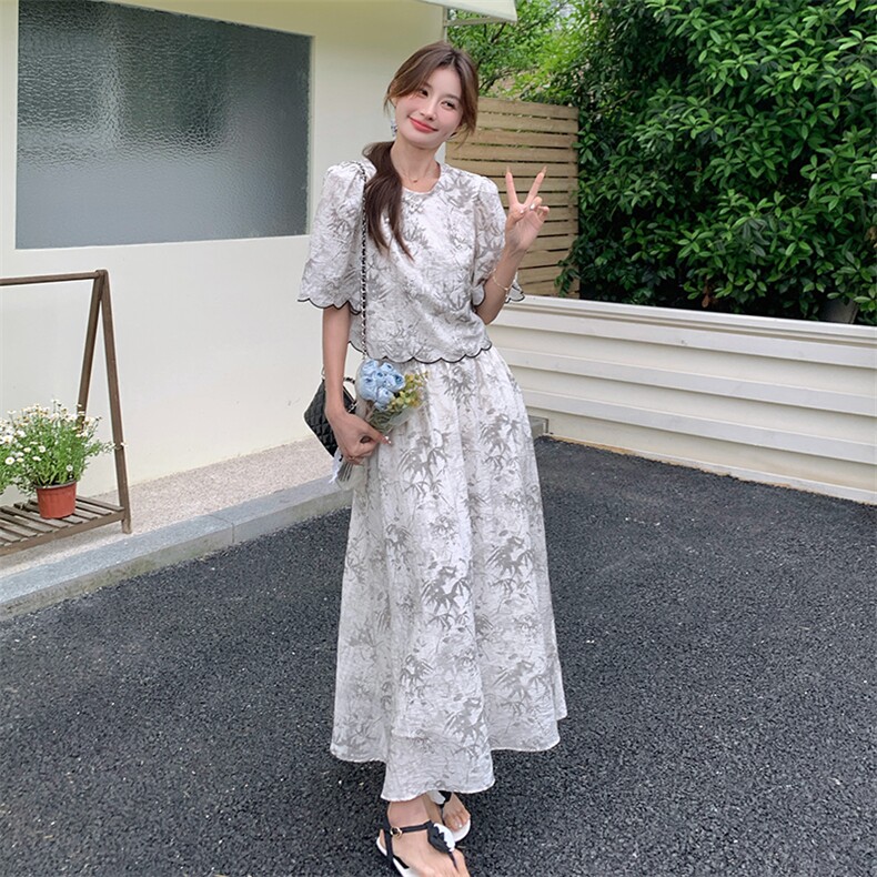 2024年夏季民族风水墨竹叶画竹节麻泡泡袖,女装套装/套裙,诺蝶