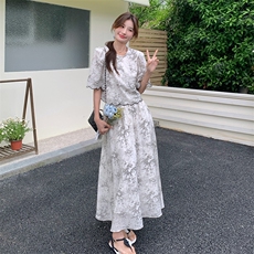 2024年夏季民族风水墨竹叶画竹节麻泡泡袖，女装套装/套裙，诺蝶