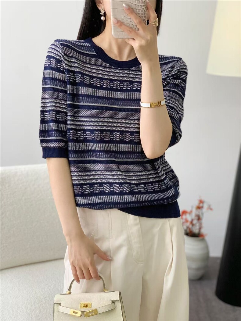 2025新款夏季短袖老钱风复古提花短袖女,女装T恤,晨旭羊绒