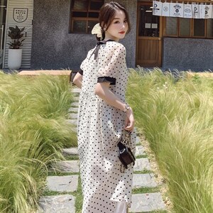 法式雪纺波点连衣裙女夏2025新款小香风宽松减龄仙女气质温柔长裙