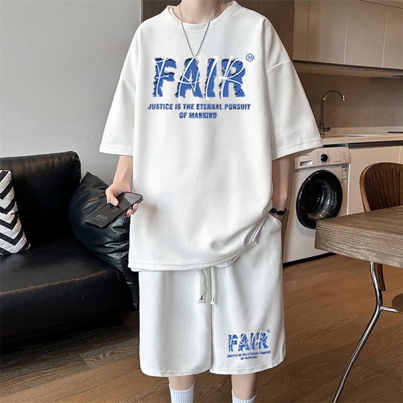 华夫格短袖t恤男士夏季薄款宽松速干休闲套装青少年夏天运动短裤,男装牛仔裤,星座1904A-1