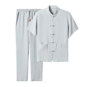 2022风男士唐装夏季亚麻短袖中老年套装复古风潮牌汉服两件套,男装中老年男装,钱塘723