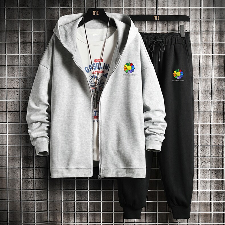 TK6101-P85开衫连帽卫衣套装男运动套装两件套网格挂拍,男装休闲套装,电商A040A
