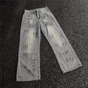 美式波点扎染高街vibe牛仔裤痞帅裤子复古微喇直筒裤K7071-P47图片