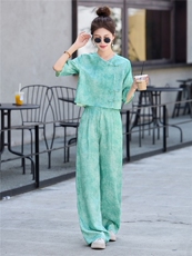 今年流行新中式一整套女夏装高级感气质国风禅意上衣阔腿裤两件套，女装套装/套裙，伊仟回