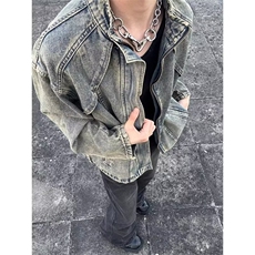 【001】5毛边水洗牛仔外套男拉链立领机车夹克短款A079-2205-P69，男装工装外套，电商A079