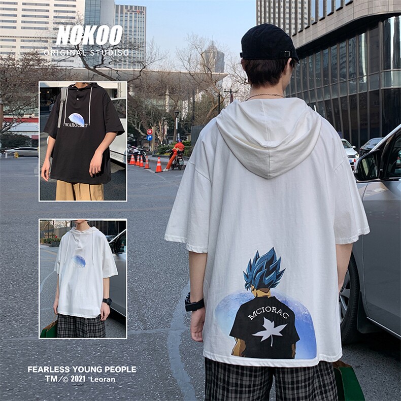 LD54154-P45连帽短袖t恤男大码胖子带帽五分袖中袖,男装T恤,电商A040