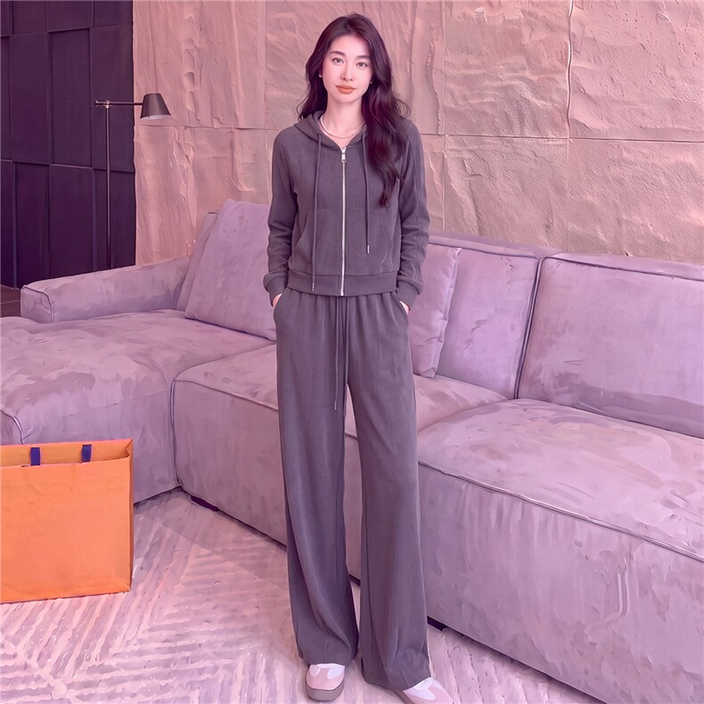 女春秋新款时尚慵懒风套装灰色拉链开衫连帽长袖外套阔腿裤两件套,女装套装/套裙,江南