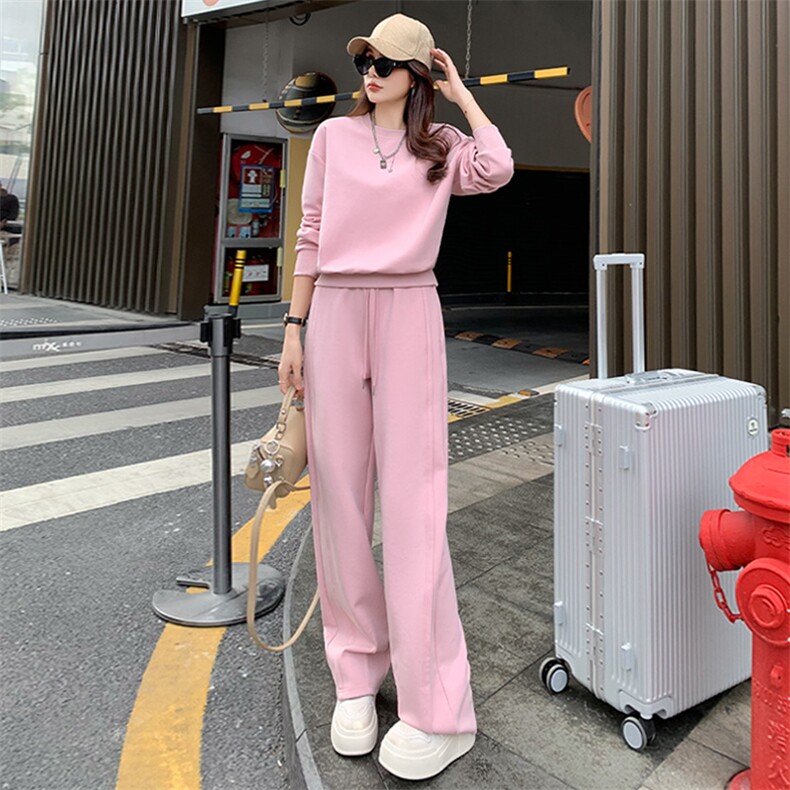 女春季新款圆领刺绣卫衣阔腿卫裤两件套,女装套装/套裙,江南