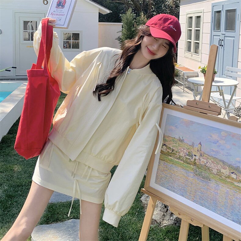 休闲衣服穿搭黄色棒球服套装女春秋超火好看高级小众半身裙两件套,女装套装/套裙,2C207