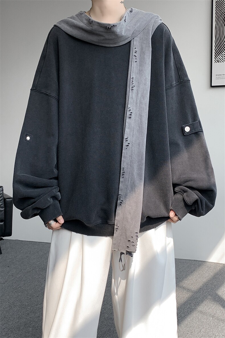 8XL-M高品质美式雕刻可拆卸破洞帽洗水深灰多穿法圆领卫衣WY28P88,男装卫衣,电商D206-1