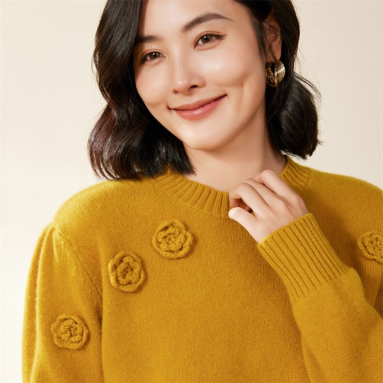 时尚新款女装红色羊毛毛衣优雅花朵装饰舒适百搭款,女装羊毛衫,北娇羊绒