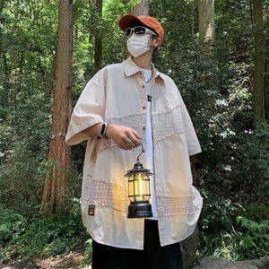 宽松型五分袖日常时尚纯色新款潮流男青春流行夏季文艺衬衫慵懒图片