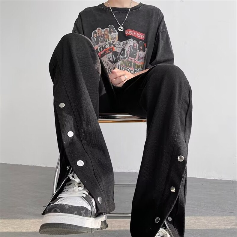 休闲裤男欧美vibe风黑色高街机能排扣设计感情侣潮牌长裤CK28-P48，男装休闲裤，星座1109-1