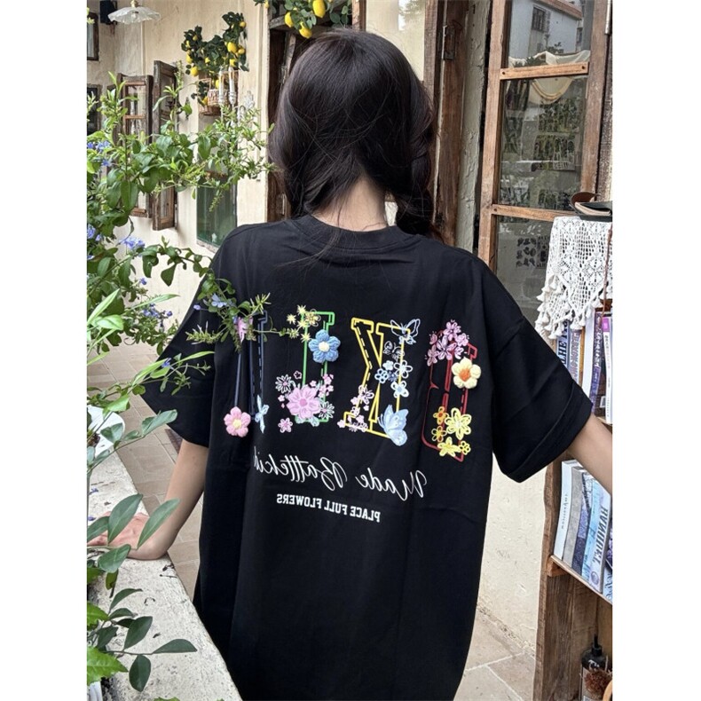 H1016-P35现货#订标+订立体辅料螺纹领宽松短袖T恤图片