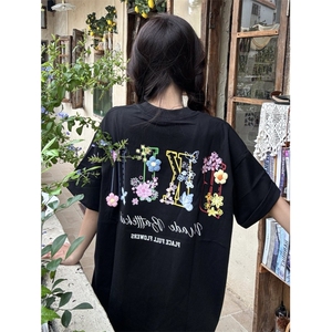H1016-P35现货#订标+订立体辅料螺纹领宽松短袖T恤图片