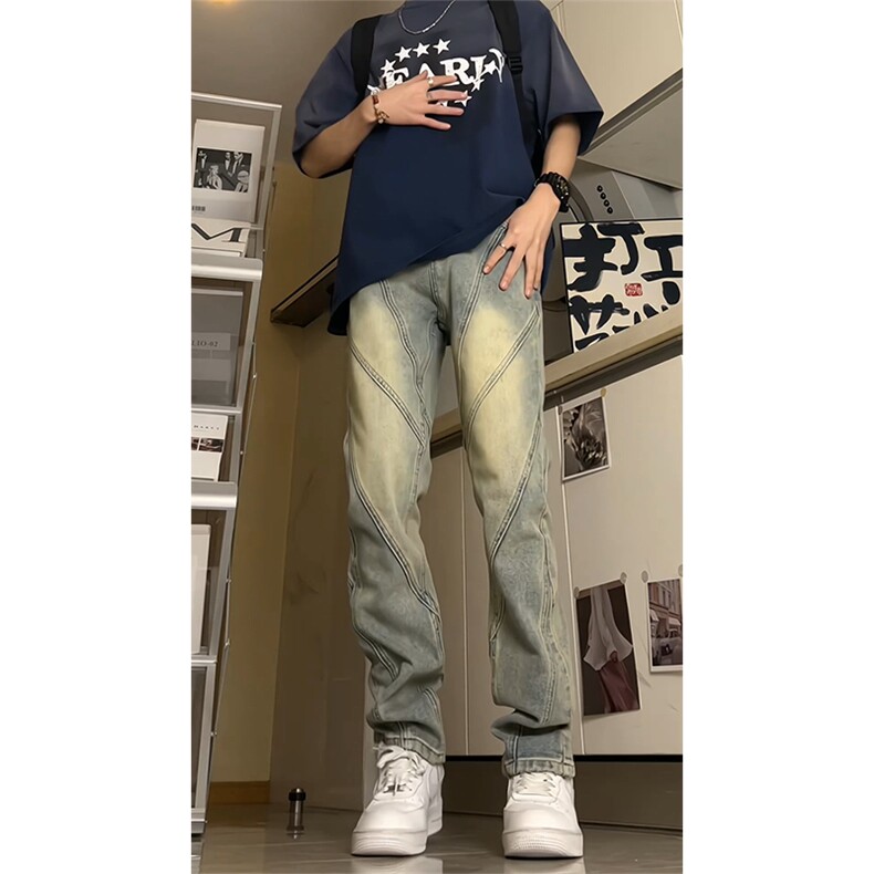 美式高街小众分割设计直筒做旧微喇牛仔裤A440P55控78,男装牛仔裤,电商A309