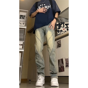 美式高街小众分割设计直筒做旧微喇牛仔裤 A440P55 控78图片