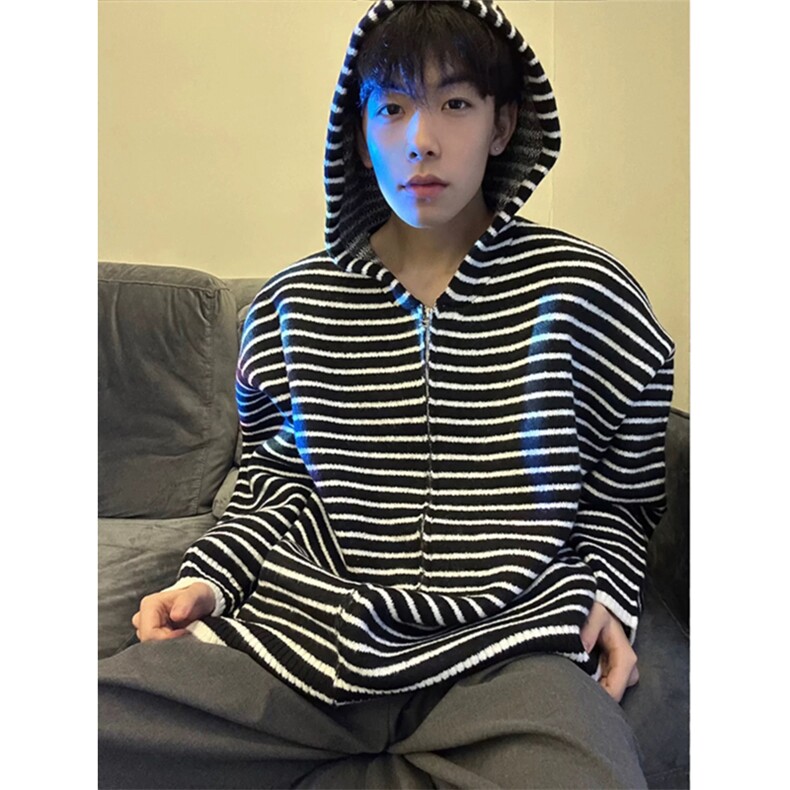 网图有货条纹开衫连帽外套男宽松慵懒风针织衫外套女A132-P60,男装针织衫/毛衣,星座1505
