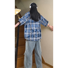 现货夏季宽松复古磨毛扎染格子短袖毛边衬衫C16-特P38控68，男装衬衫，星座205-5