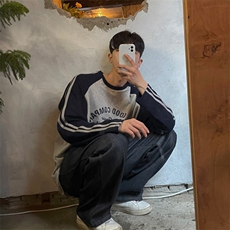 816B-CT1015-P60长袖t恤插肩拼色撞色美式复古韩中性慵懒ins，男装T恤，星座816B