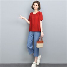 天丝上衣女夏2025新款中年妈妈宽松圆领红色短袖T恤休闲洋气小衫，女装套装/套裙，涵誉