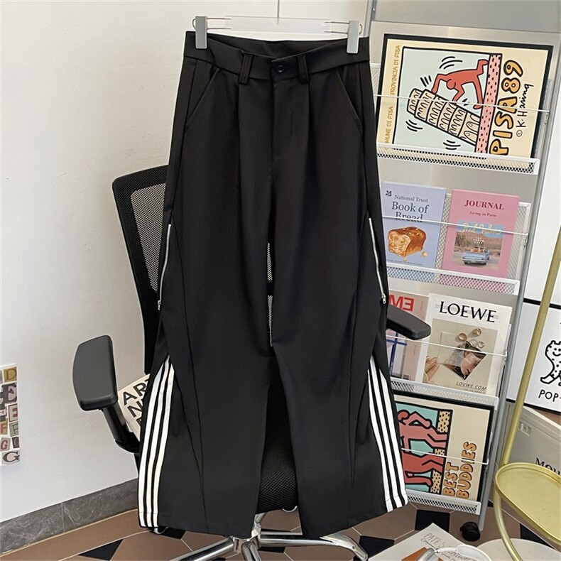 侧边拉链条纹垂感西裤男女复古宽松直筒休闲长裤3811P46，男装西裤，星座410-2