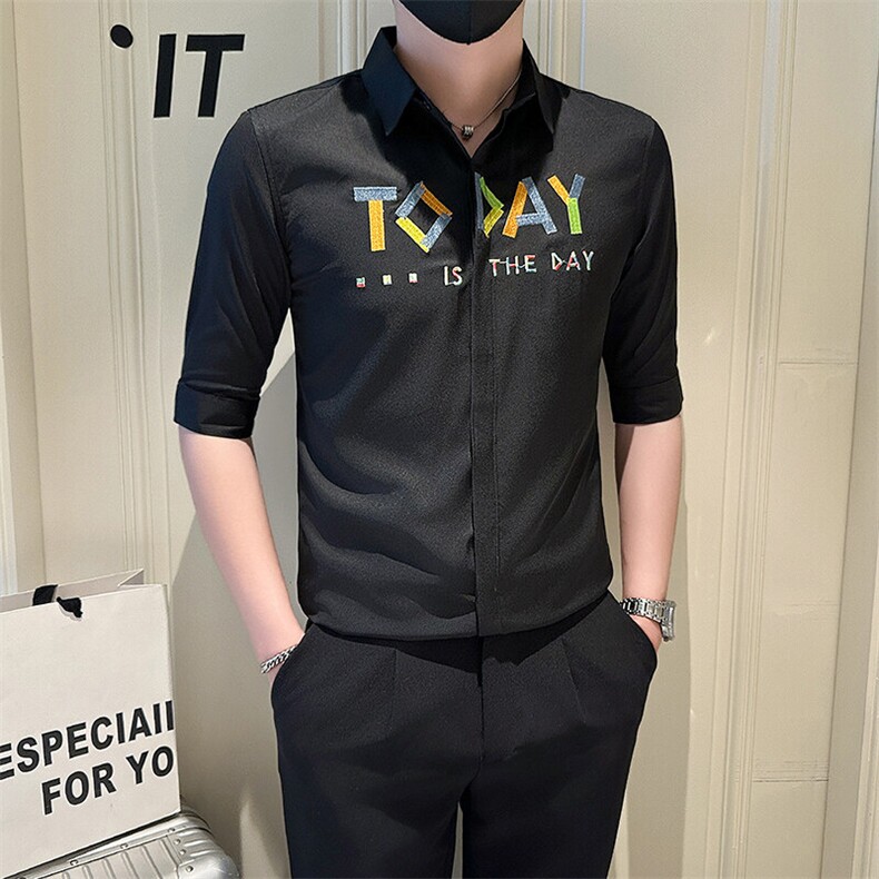 店主风社会小伙男绣花七分袖衬衫男士休闲衬衣301A-1/CS565/P55,男装衬衫,星座301A-1