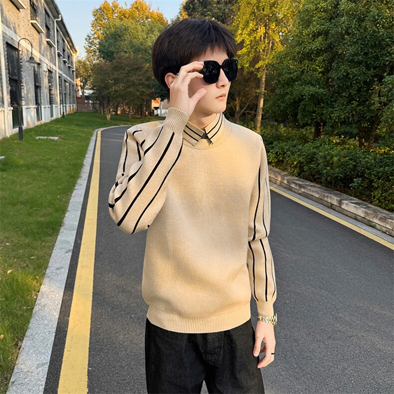 店主风小伙翻领假二件拼接针织长袖毛衣男打底衫301A-1/M60/P75，男装T恤，星座301A-1