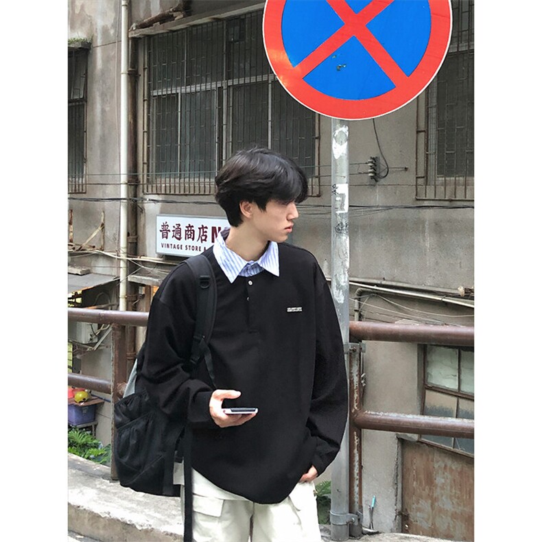 黑色假两件衬衫领卫衣男生春秋款潮牌高级感学院风穿搭长袖polo衫,男装Polo衫,电商A003