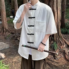 新中式风男装短袖立领衬衫盘扣提花复古中山装七分半袖唐装衬衣，男装衬衫，星座1210-1