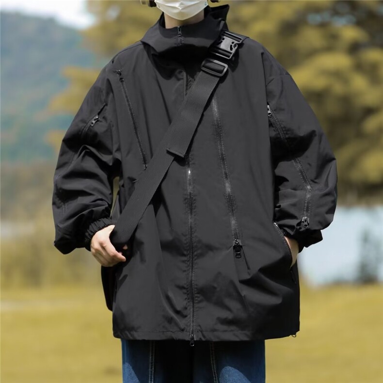 潮牌春秋季日系机能黑武士冲锋衣外套男美式运动防水连帽高领夹克,男装夹克,星座716-3