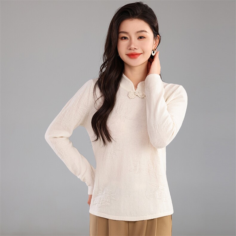 24新中式立领山衫女秋季新款高端中国风侧盘扣针织毛衣上衣MU,女装羊毛衫,奢优羊绒