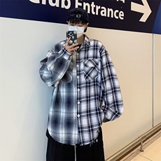 拼接格子衬衫男美式复古高级感古着潮牌长袖衬衣外套夏季，男装衬衫，星座410-7