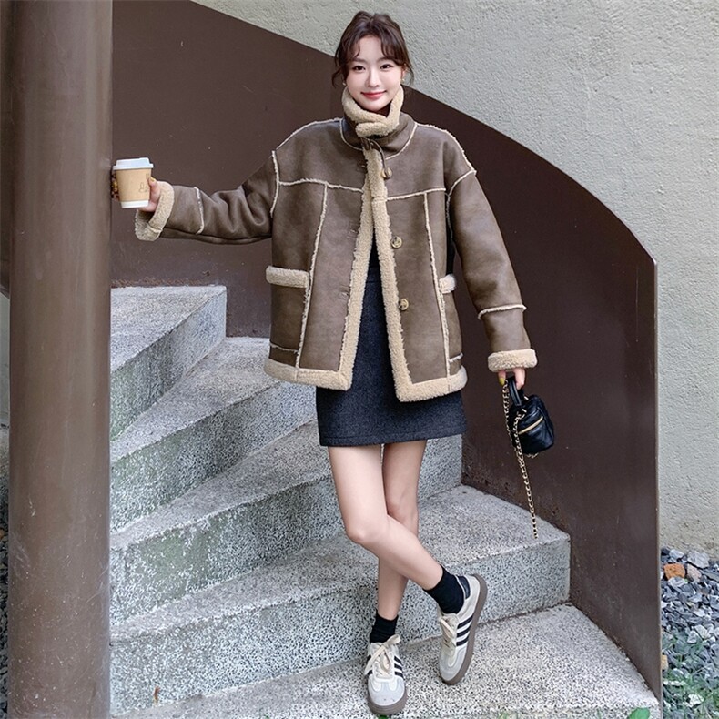 美拉德皮毛一体羊羔毛外套女冬2024新款加绒加厚机车服麂皮绒夹克,女装短外套,2C085